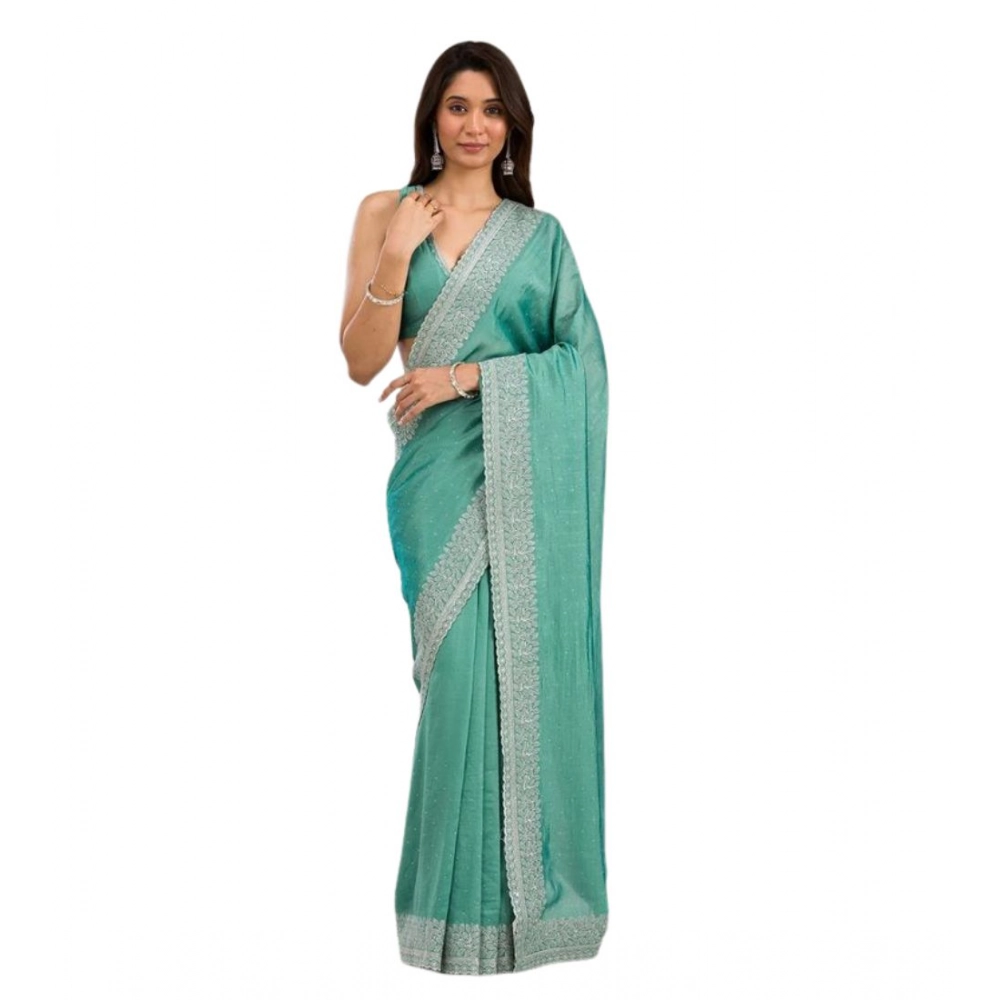 Generic Women's Silk Embroidred Saree With Unstitched Blouse 5.5Mtr (Light Green) - Image 5