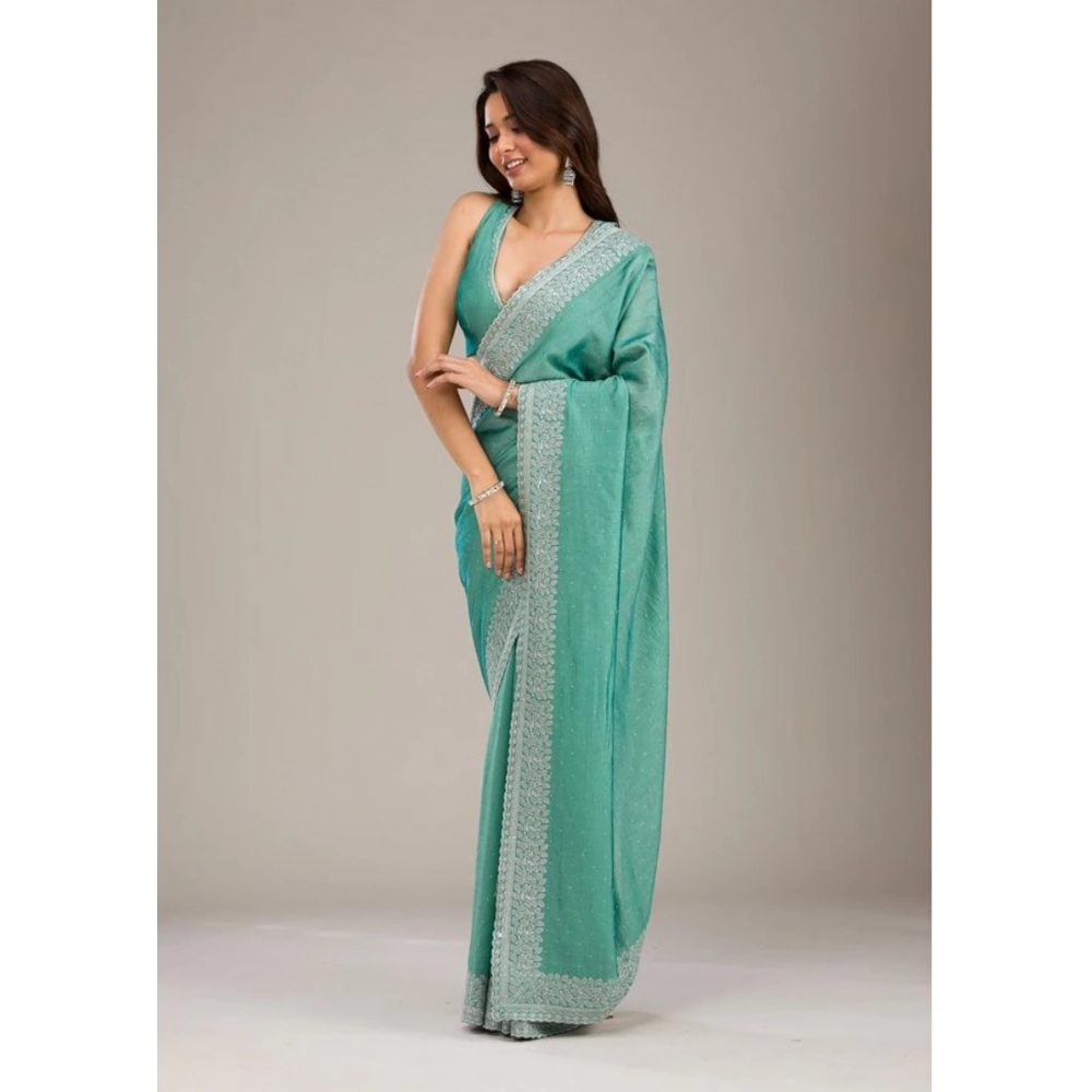 Generic Women's Silk Embroidred Saree With Unstitched Blouse 5.5Mtr (Light Green) - Image 2