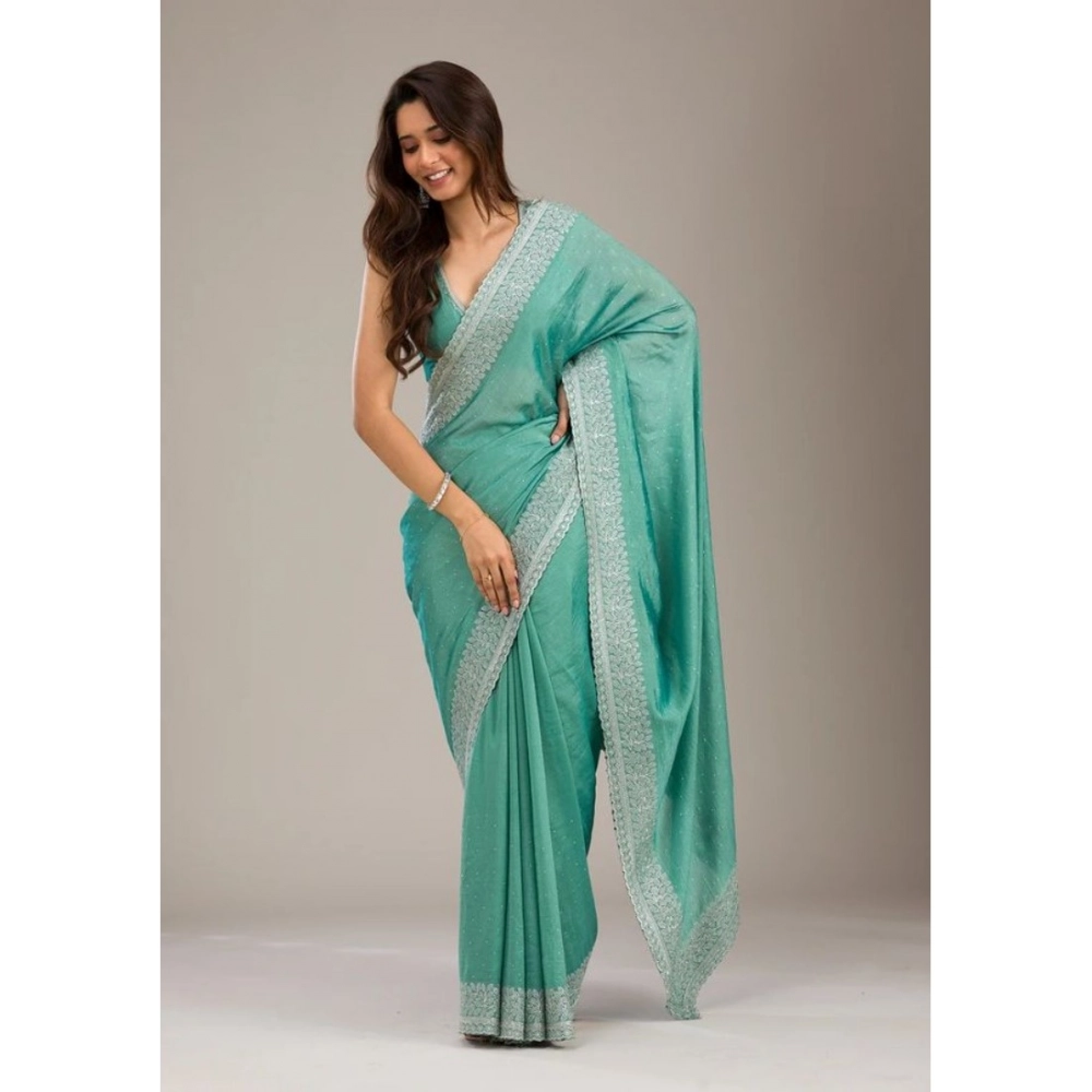 Generic Women's Silk Embroidred Saree With Unstitched Blouse 5.5Mtr (Light Green) - Image 3