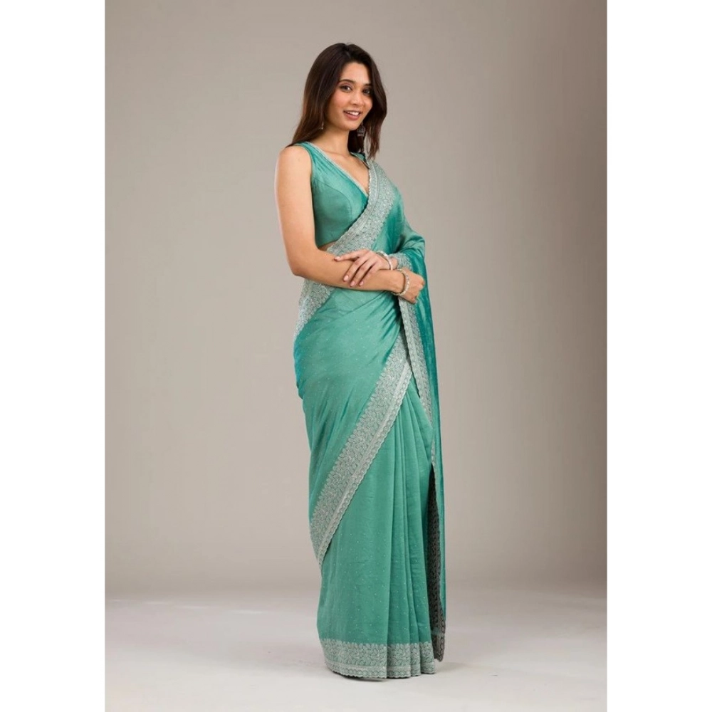 Generic Women's Silk Embroidred Saree With Unstitched Blouse 5.5Mtr (Light Green) - Image 4