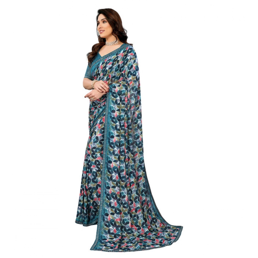Generic Women's Georgette Printed Saree With Unstitched Blouse 5.5Mtr (Sky Blue) - Image 2