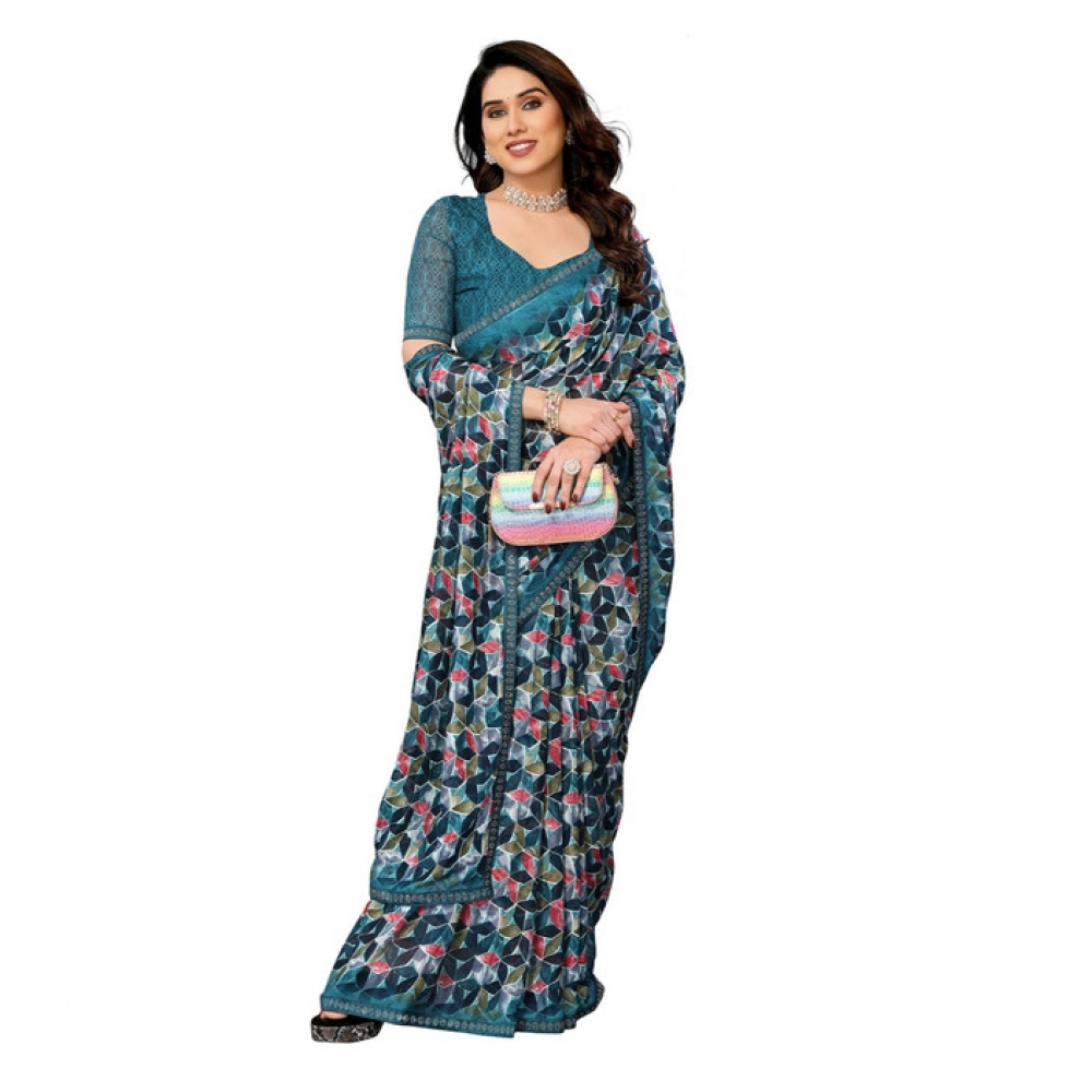 Generic Women's Georgette Printed Saree With Unstitched Blouse 5.5Mtr (Sky Blue) - Image 4