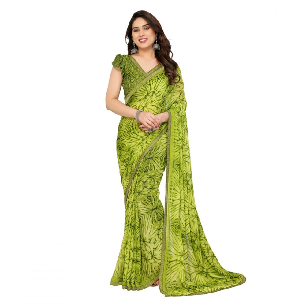 Generic Women's Georgette Printed Saree With Unstitched Blouse 5.5Mtr (Mehendi Green)