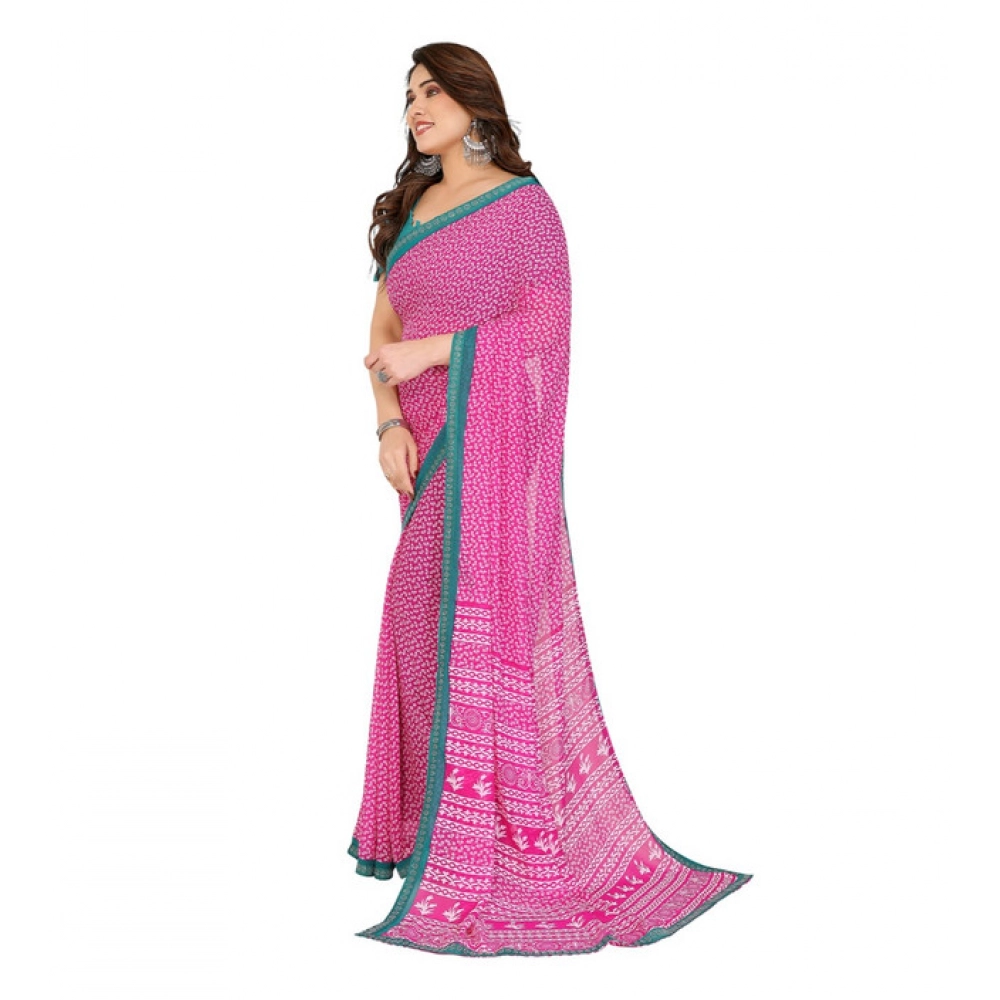 Generic Women's Georgette Printed Saree With Unstitched Blouse 5.5Mtr (Pink) - Image 2