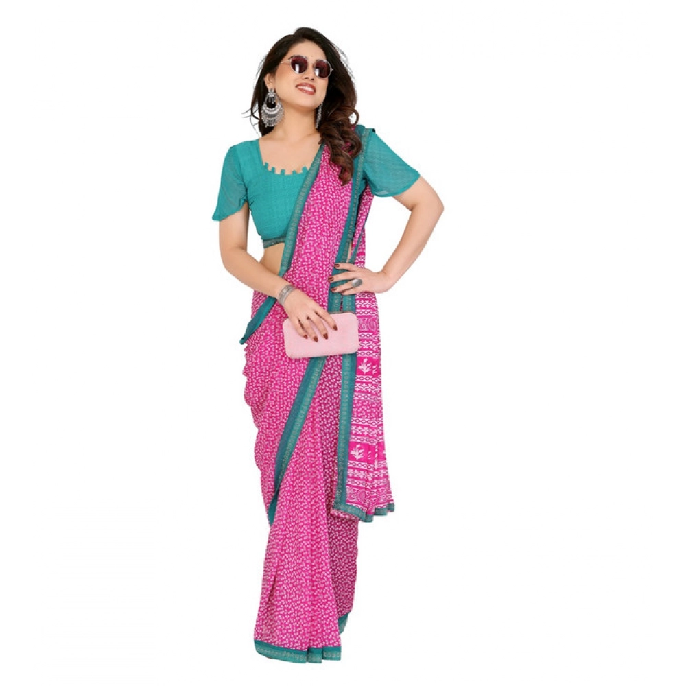 Generic Women's Georgette Printed Saree With Unstitched Blouse 5.5Mtr (Pink) - Image 4