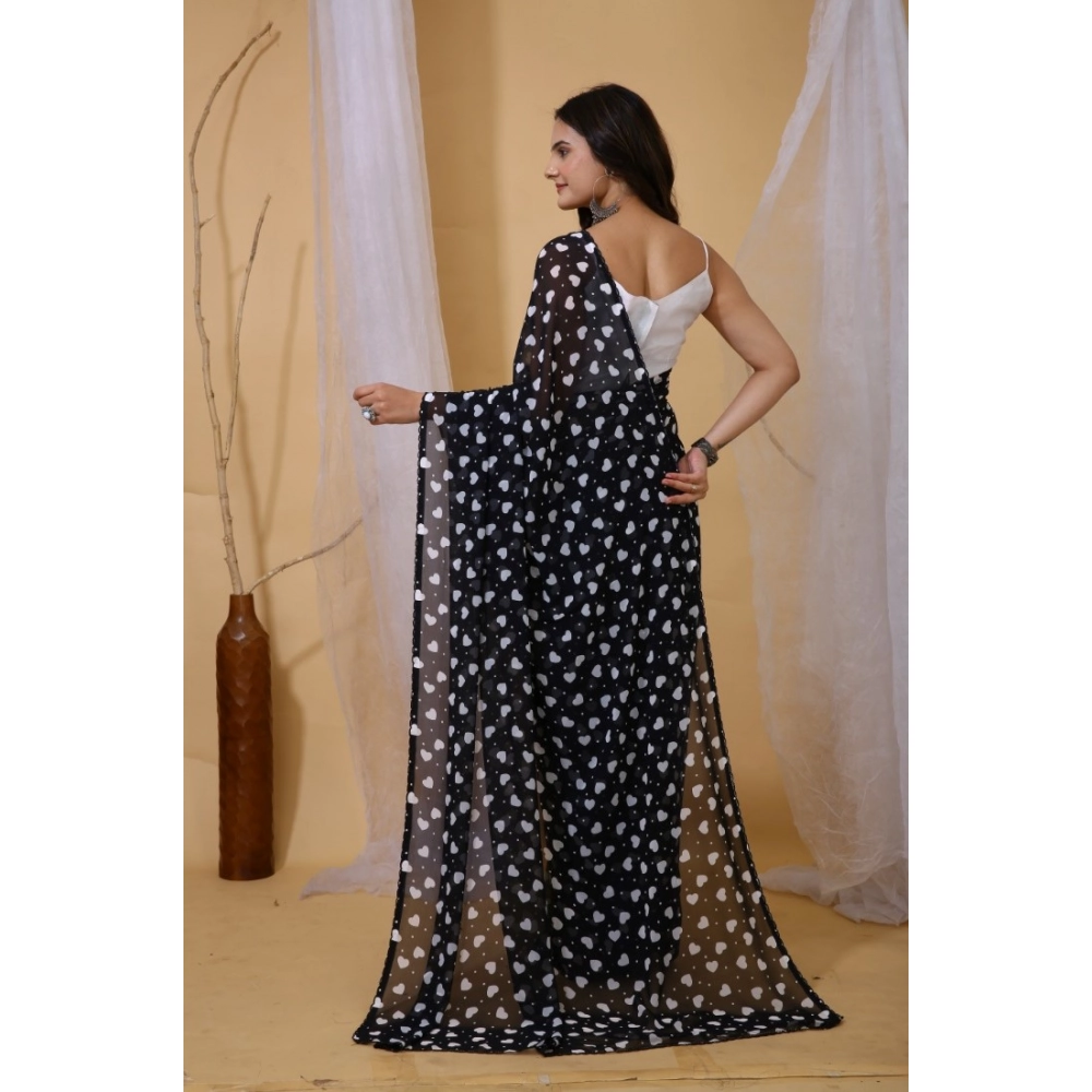 Generic Women's Georgette Printed Saree With Unstitched Blouse 5.5Mtr (Black) - Image 2