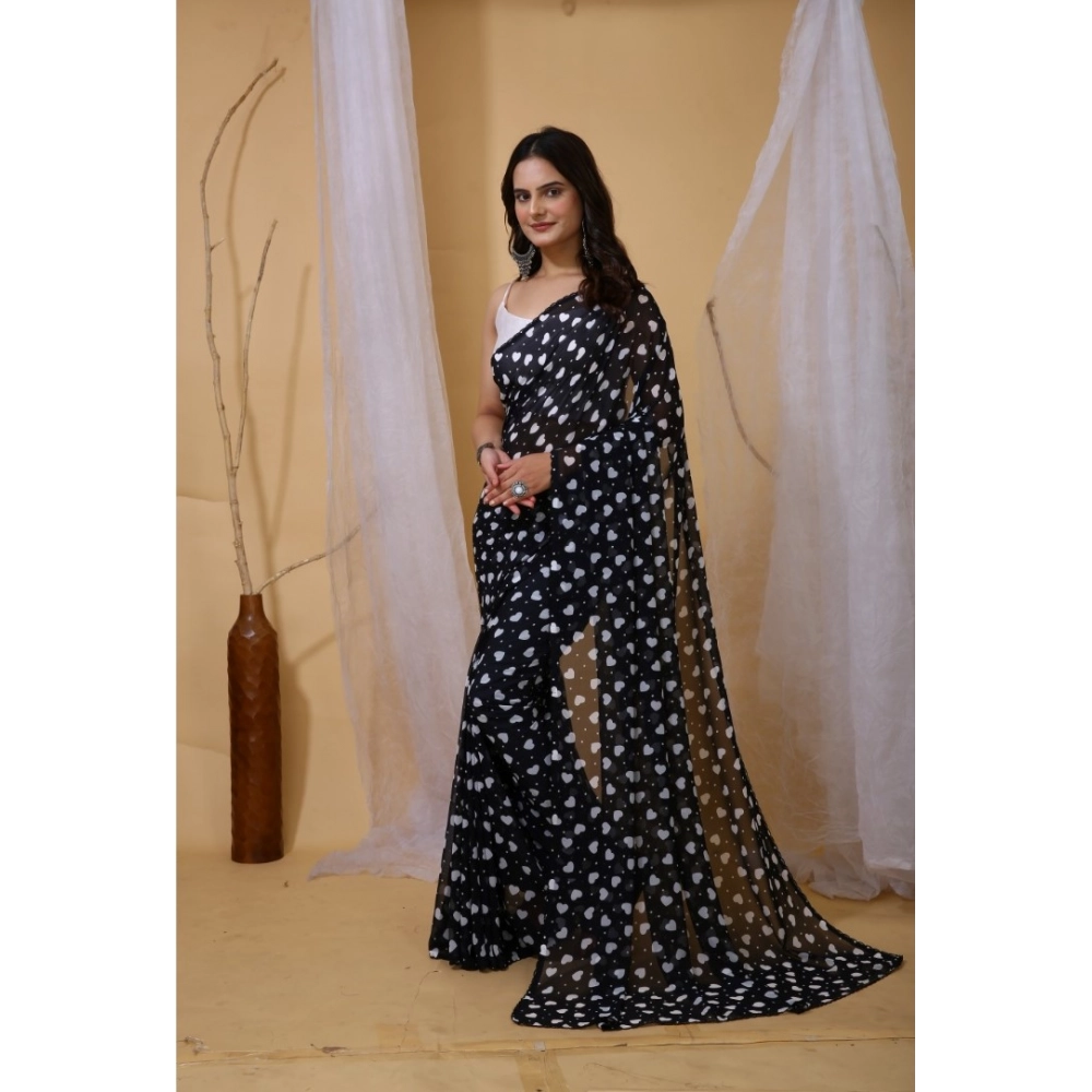 Generic Women's Georgette Printed Saree With Unstitched Blouse 5.5Mtr (Black) - Image 3