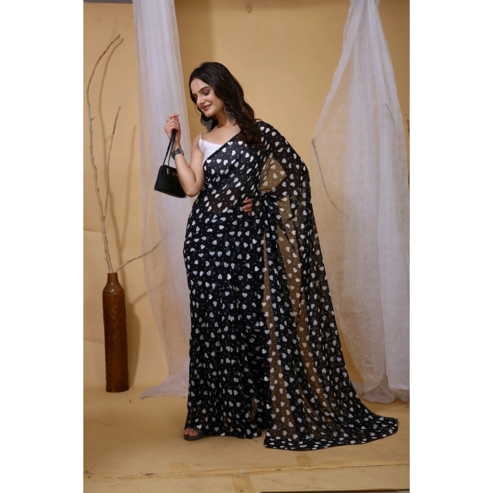 Generic Women's Georgette Printed Saree With Unstitched Blouse 5.5Mtr (Black) - Image 4