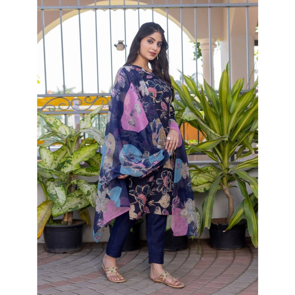 Generic Women's Cotton Blend Printed Kurti With Pant Dupatta Set (NavyBlue) - Image 2