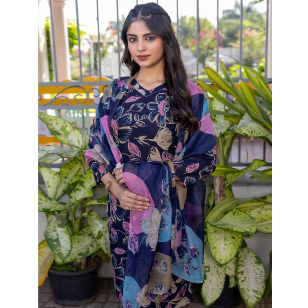 Generic Women's Cotton Blend Printed Kurti With Pant Dupatta Set (NavyBlue) - Image 4