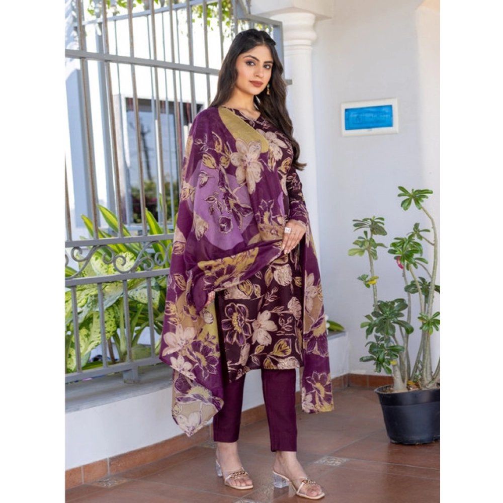 Generic Women's Cotton Blend Printed Kurti With Pant Dupatta Set (Purple) - Image 3