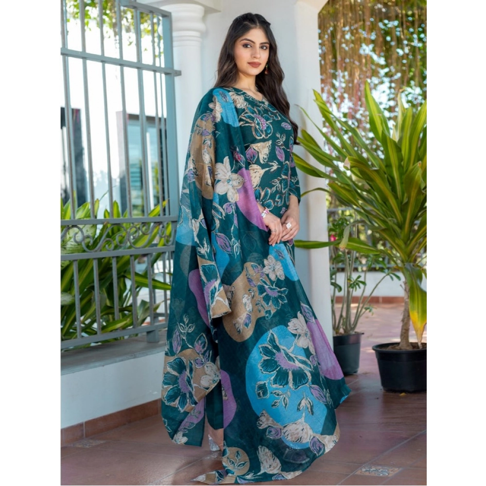 Generic Women's Cotton Blend Printed Kurti With Pant Dupatta Set (Rama) - Image 2