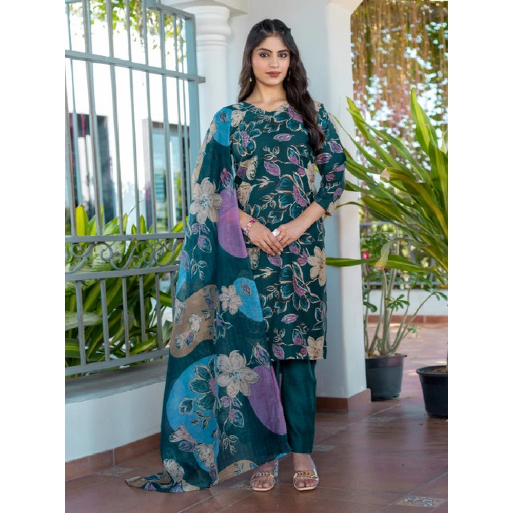 Generic Women's Cotton Blend Printed Kurti With Pant Dupatta Set (Rama) - Image 3