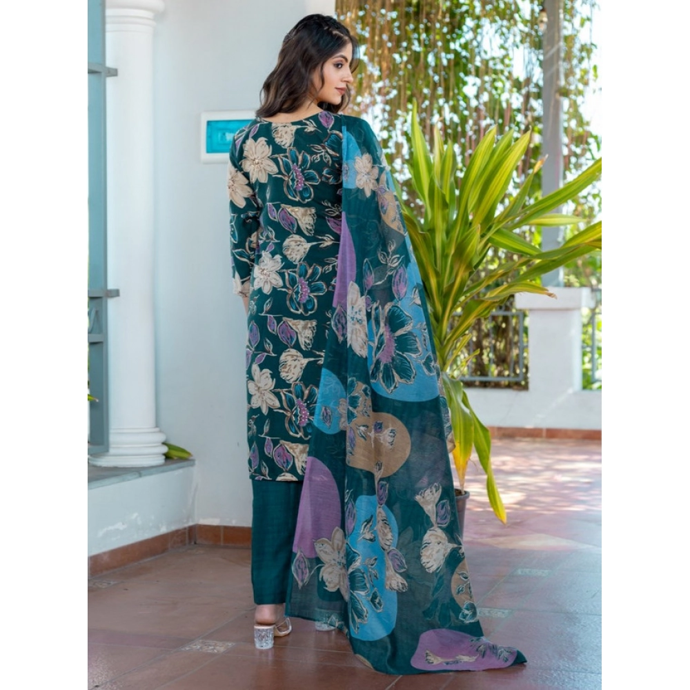 Generic Women's Cotton Blend Printed Kurti With Pant Dupatta Set (Rama) - Image 4