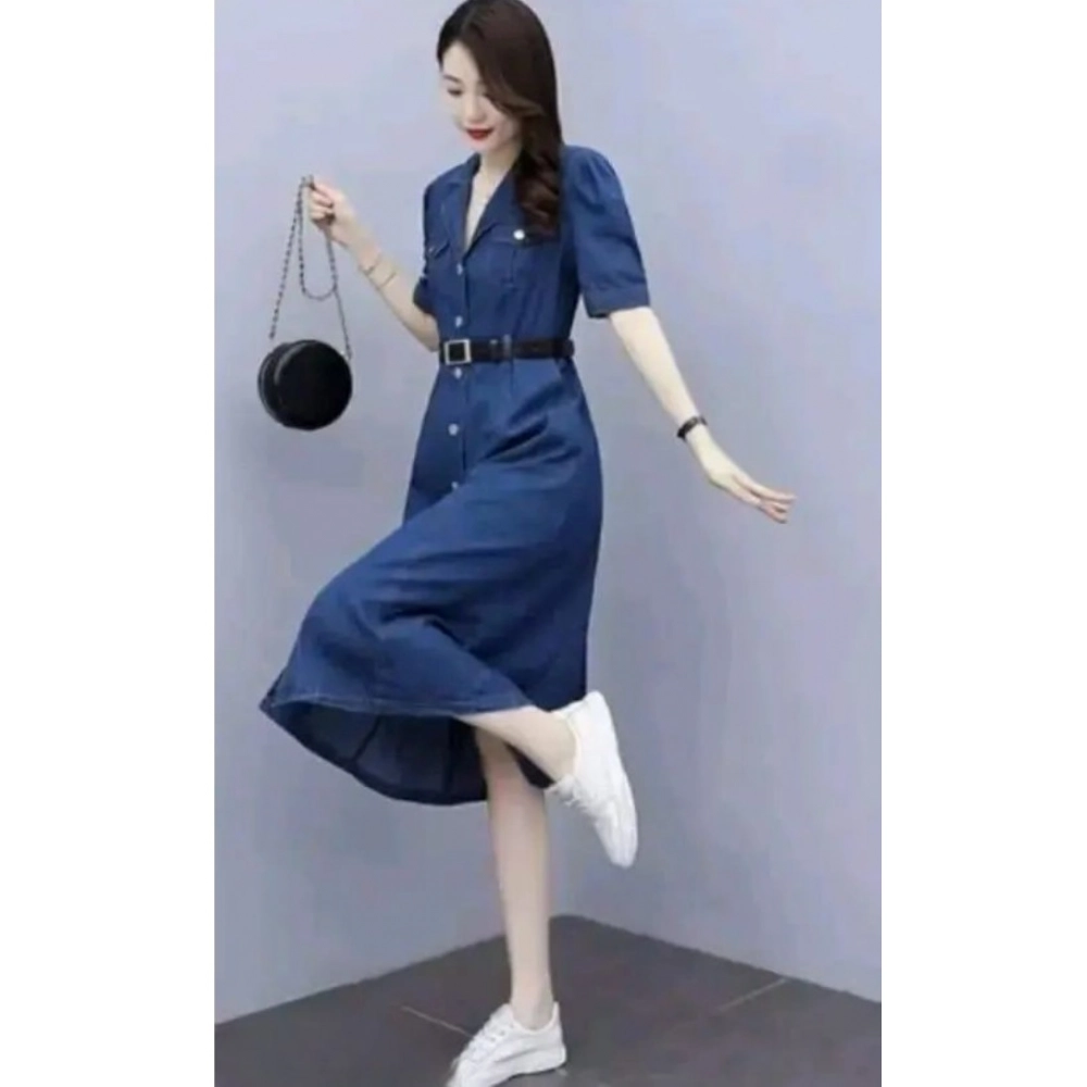 Generic Women's Casual Denim Half Sleeves Dress (Blue) - Image 2