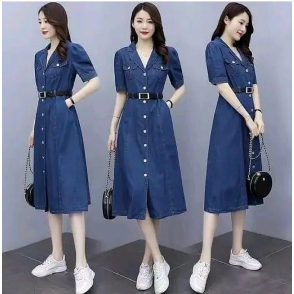 Generic Women's Casual Denim Half Sleeves Dress (Blue) - Image 3