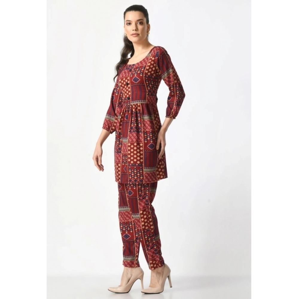 Generic Women's Casual Crepe 3-4th Sleeves Cord Set (Maroon) - Image 2