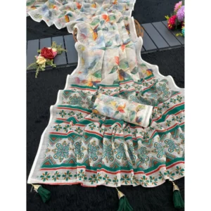 Generic Women's Linen Cotton  Printed Saree With Unstitched Blouse 5.5Mtr (Green)