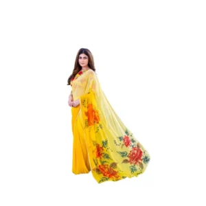 Generic Women's Georgette  Printed Saree With Unstitched Blouse 5.5Mtr (Yellow)