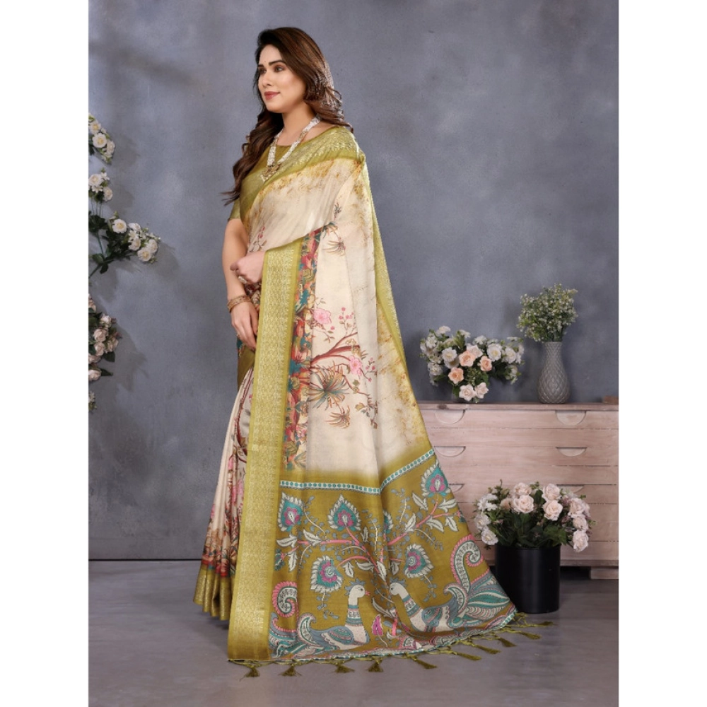 Generic Women's Cotton Silk Printed Saree With Unstitched Blouse 5.5Mtr (Olive Green) - Image 2
