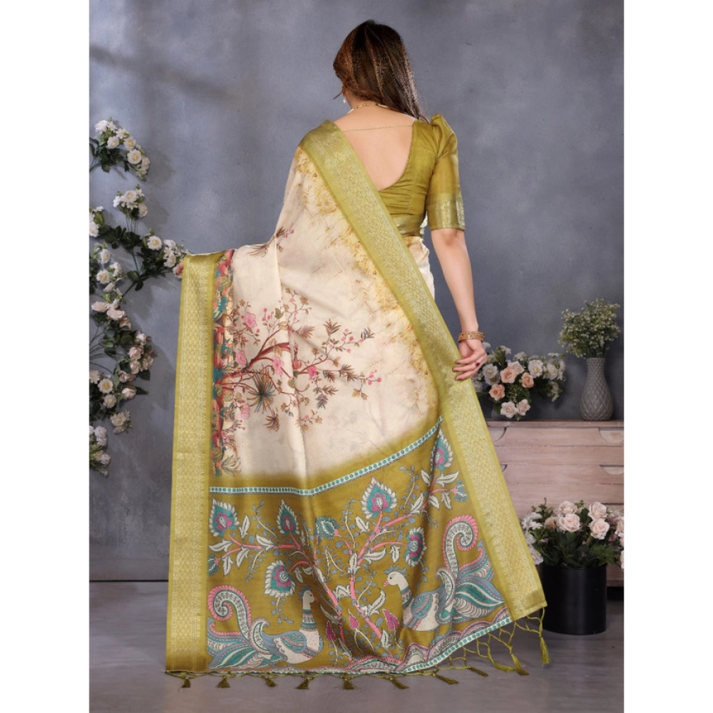 Generic Women's Cotton Silk Printed Saree With Unstitched Blouse 5.5Mtr (Olive Green) - Image 3