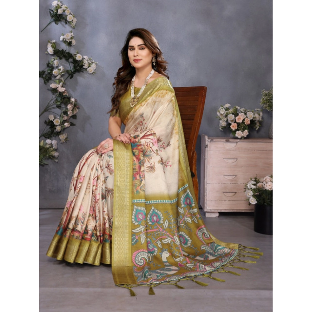 Generic Women's Cotton Silk Printed Saree With Unstitched Blouse 5.5Mtr (Olive Green) - Image 4