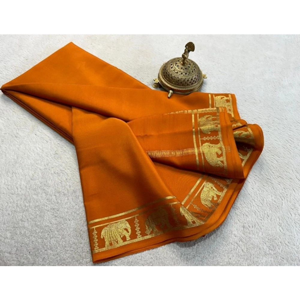 Generic Women's Crepe Chit Pallu Solid Saree With Unstitched Blouse 5.5Mtr (Orange) - Image 2