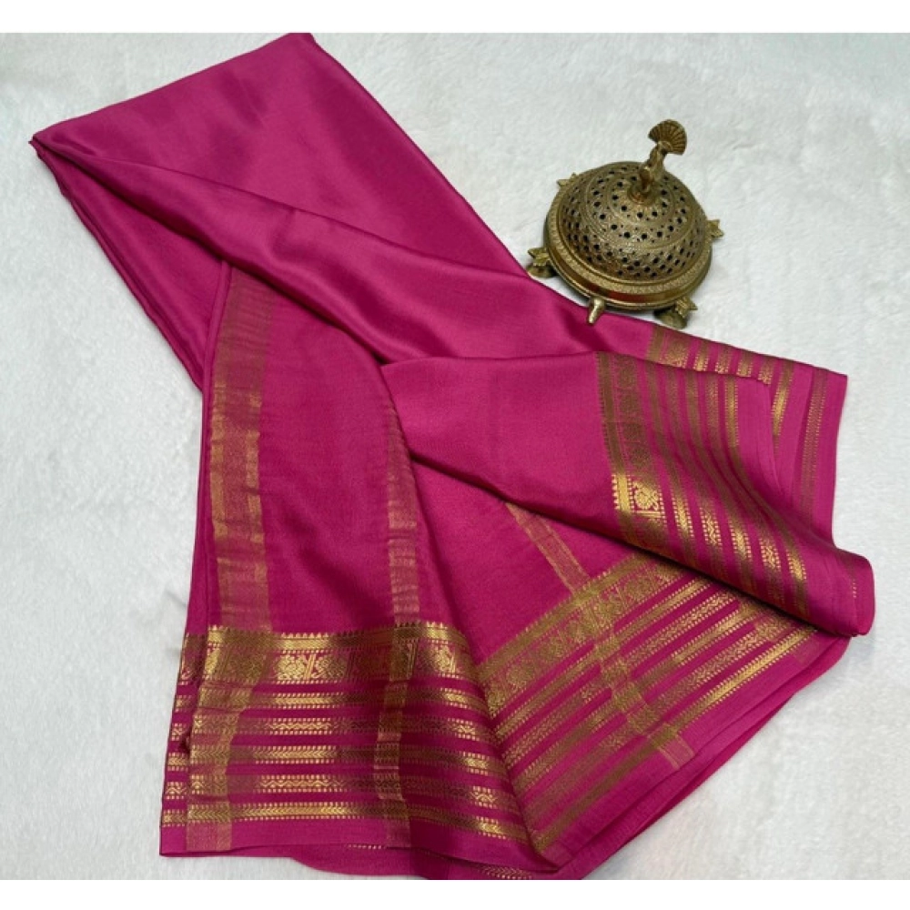 Generic Women's Crepe Chit Pallu Solid Saree With Unstitched Blouse 5.5Mtr (Pink) - Image 2
