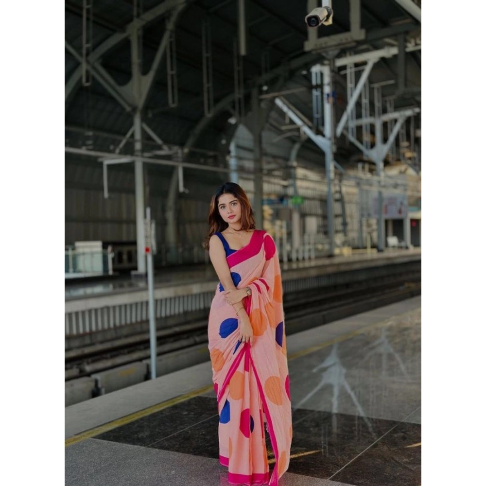 Generic Women's Linen Printed Saree With Unstitched Blouse 5.5Mtr (Orange) - Image 4