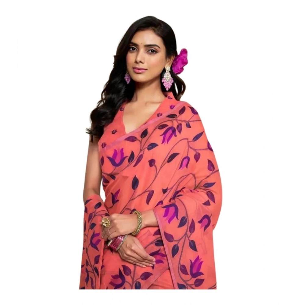 Generic Women's Georgette Printed Saree With Unstitched Blouse 5.5Mtr (Peach) - Image 2