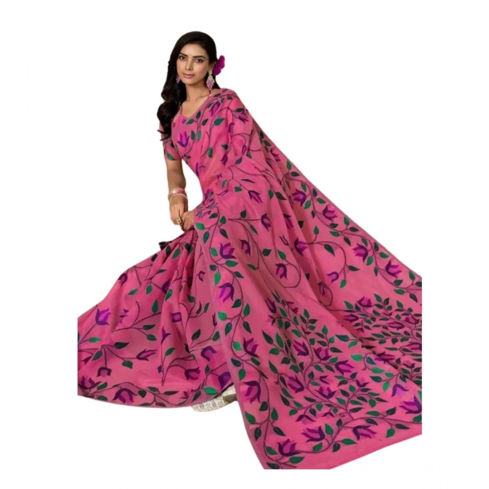 Generic Women's Georgette Printed Saree With Unstitched Blouse 5.5Mtr (Pink) - Image 2