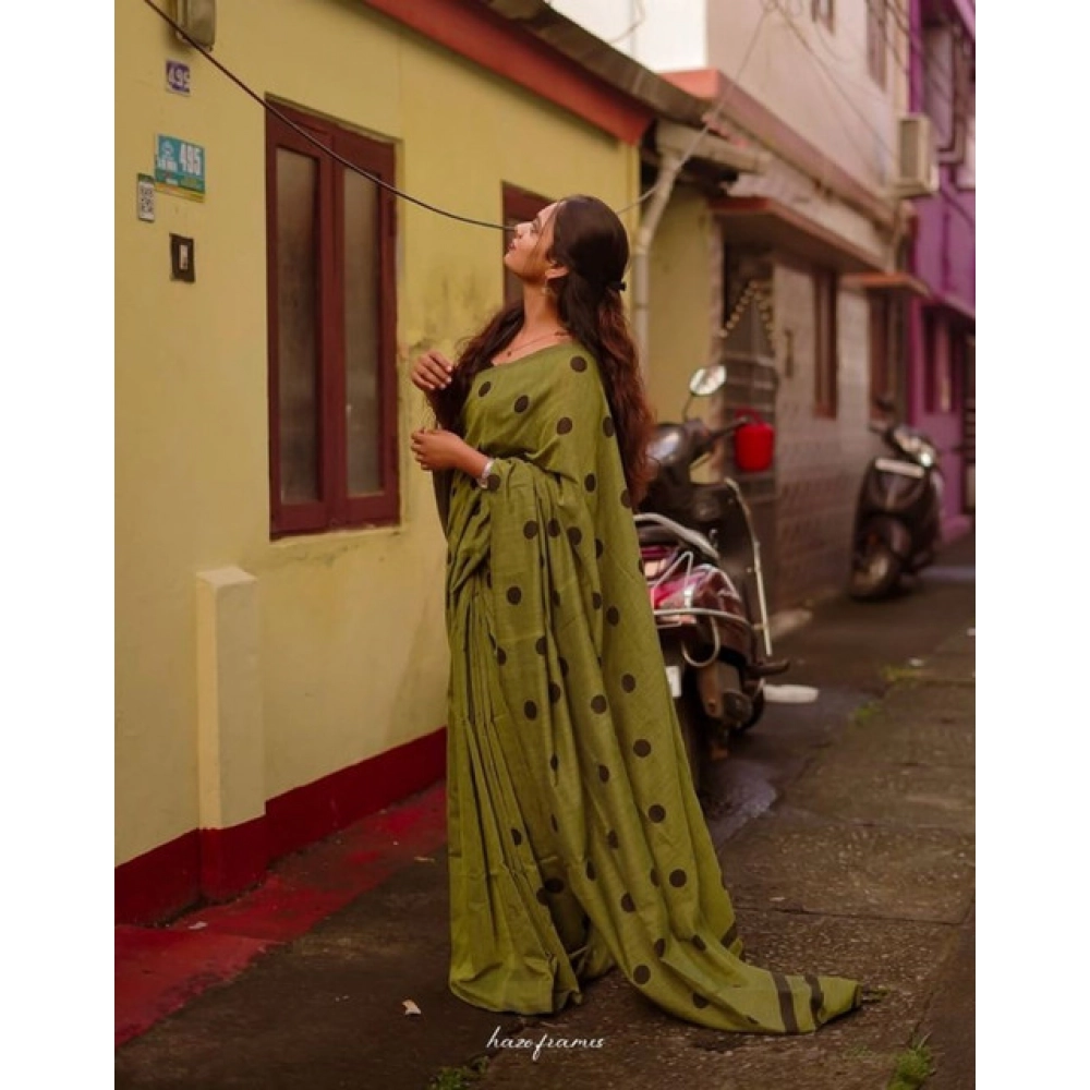 Generic Women's Linen Printed Saree With Unstitched Blouse 5.5Mtr (Green) - Image 2