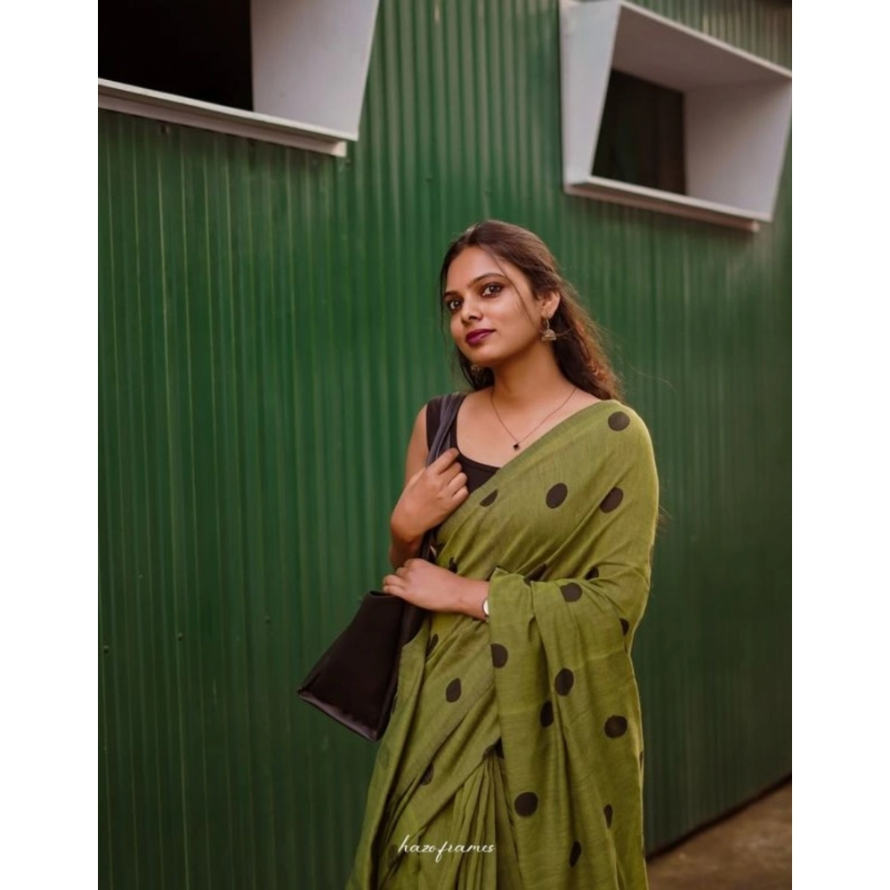 Generic Women's Linen Printed Saree With Unstitched Blouse 5.5Mtr (Green) - Image 3