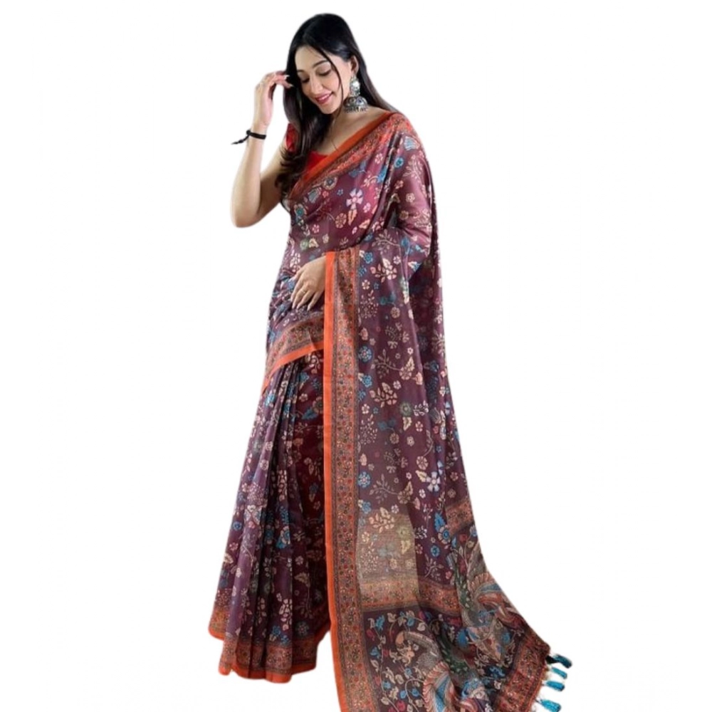 Generic Women's Linen Printed Saree With Unstitched Blouse 5.5Mtr (Brown)