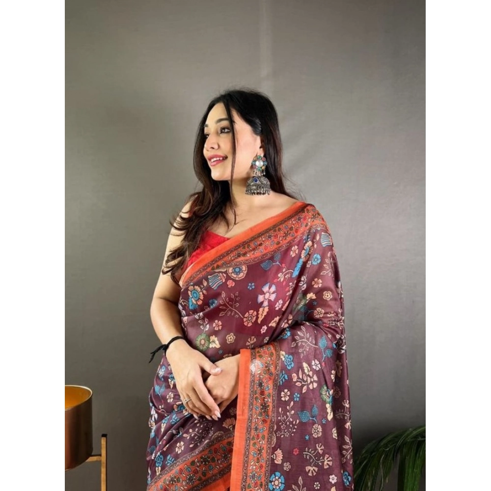 Generic Women's Linen Printed Saree With Unstitched Blouse 5.5Mtr (Brown) - Image 2