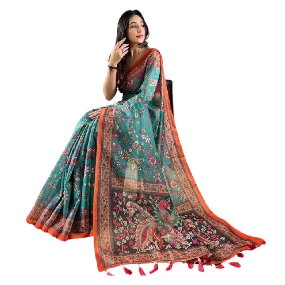 Generic Women's Linen Printed Saree With Unstitched Blouse 5.5Mtr (Olive)