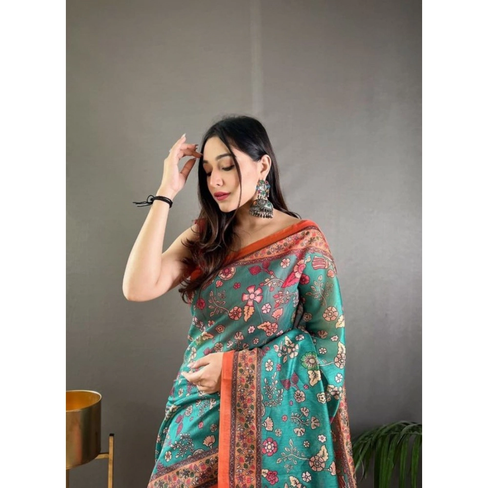 Generic Women's Linen Printed Saree With Unstitched Blouse 5.5Mtr (Olive) - Image 2
