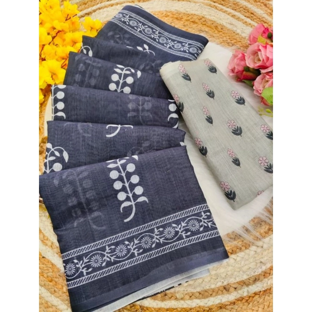 Generic Women's Linen Printed Saree With Unstitched Blouse 5.5Mtr (Grey) - Image 2