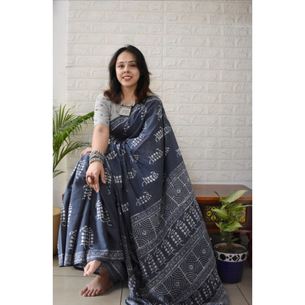 Generic Women's Linen Printed Saree With Unstitched Blouse 5.5Mtr (Grey) - Image 3