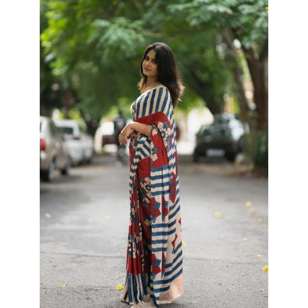 Generic Women's Linen Printed Saree With Unstitched Blouse 5.5Mtr (Red) - Image 3