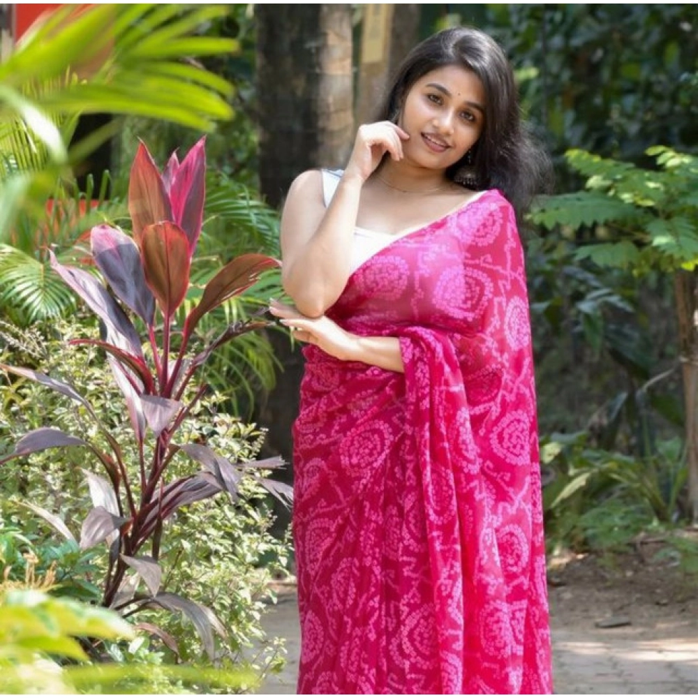 Generic Women's Georgette Printed Saree With Unstitched Blouse 5.5Mtr (Pink)