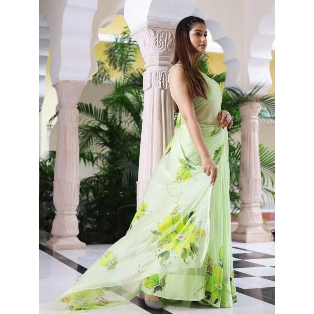 Generic Women's Linen Printed Saree With Unstitched Blouse 5.5Mtr (Green) - Image 2