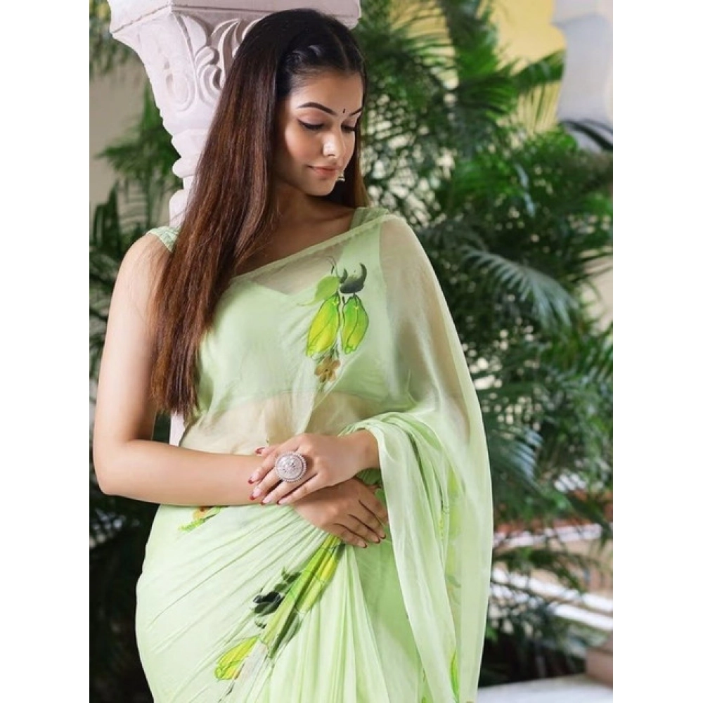Generic Women's Linen Printed Saree With Unstitched Blouse 5.5Mtr (Green) - Image 3