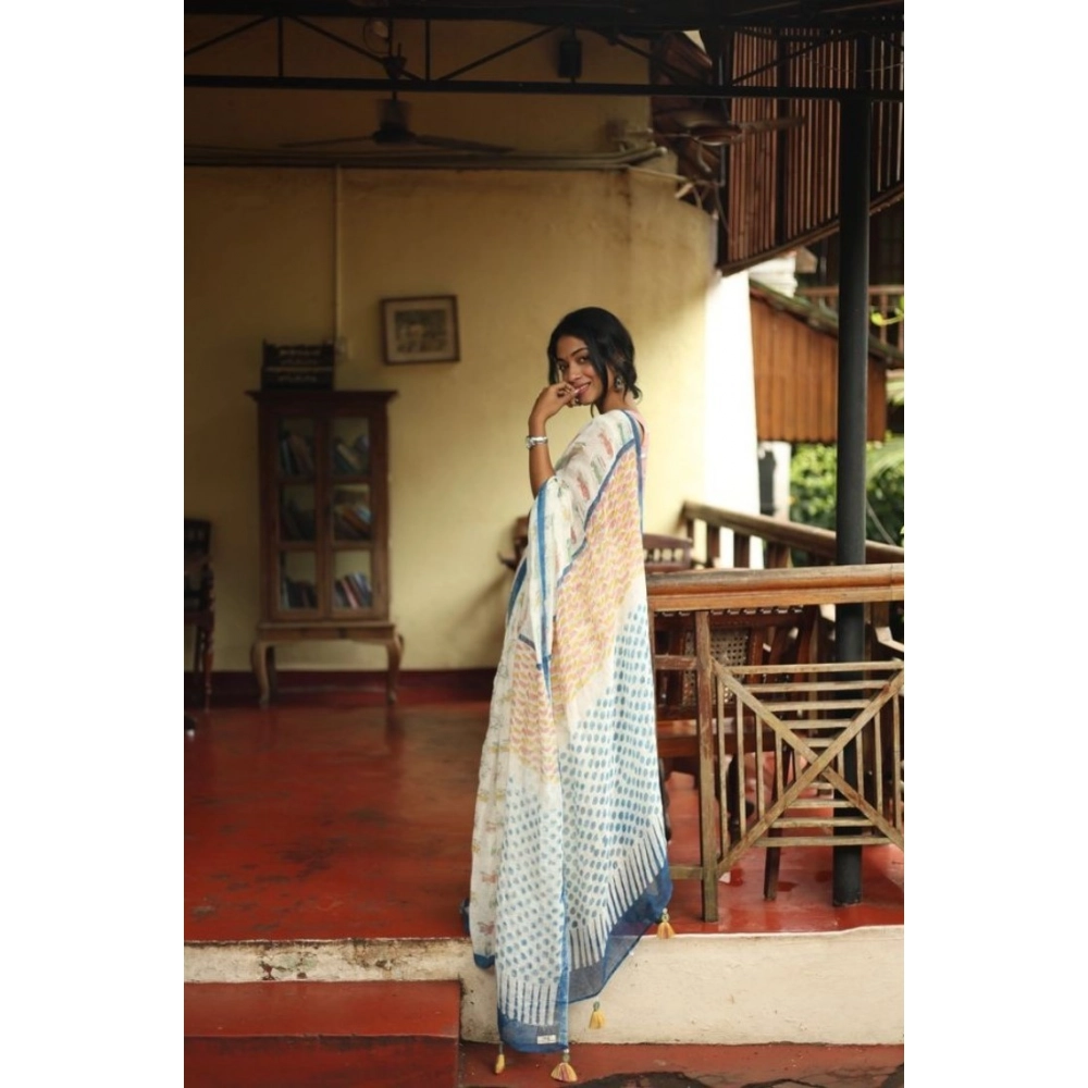 Generic Women's Linen Printed Saree With Unstitched Blouse 5.5Mtr (White) - Image 2