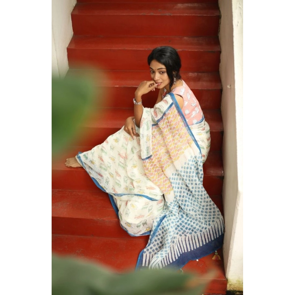 Generic Women's Linen Printed Saree With Unstitched Blouse 5.5Mtr (White) - Image 3