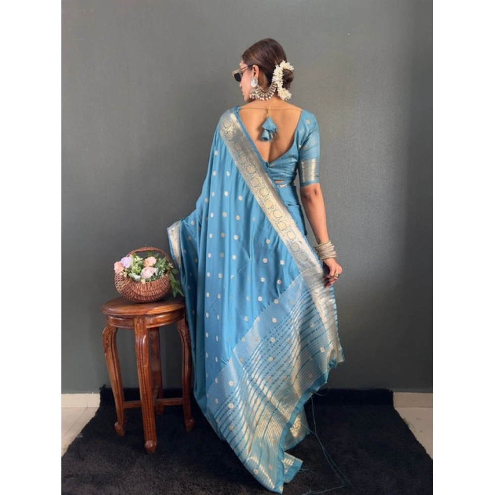 Generic Women's Satin Printed Saree With Unstitched Blouse 5.5Mtr (light Blue) - Image 2