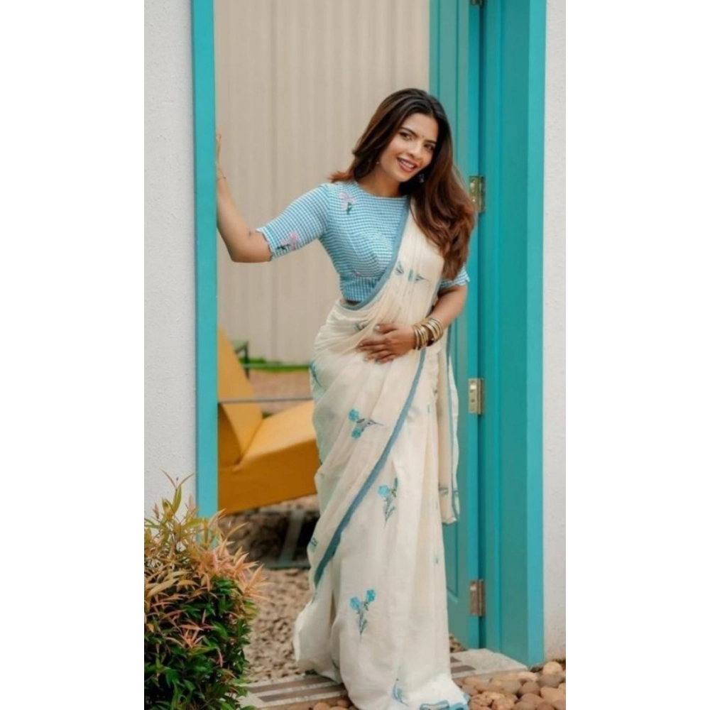 Generic Women's Linen Printed Saree With Unstitched Blouse 5.5Mtr (White) - Image 2