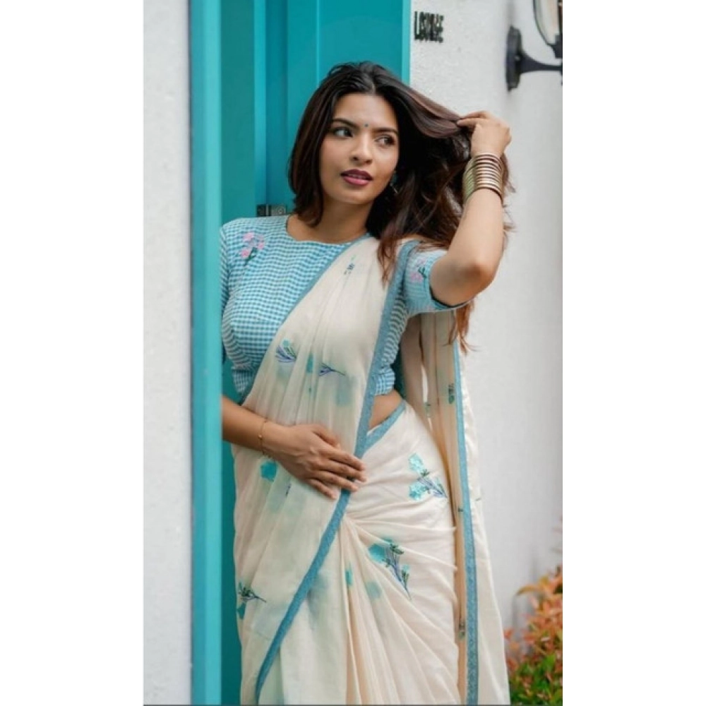 Generic Women's Linen Printed Saree With Unstitched Blouse 5.5Mtr (White) - Image 3