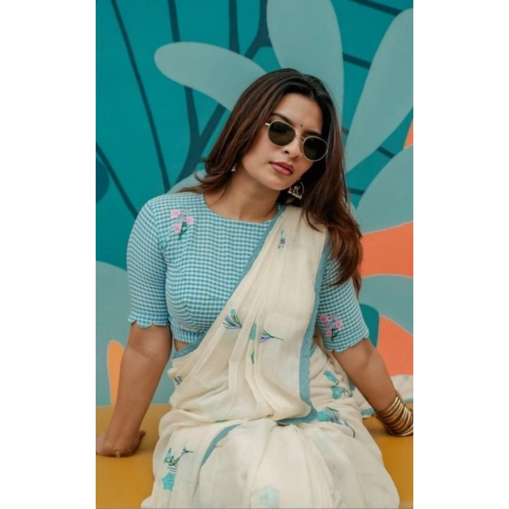 Generic Women's Linen Printed Saree With Unstitched Blouse 5.5Mtr (White) - Image 4