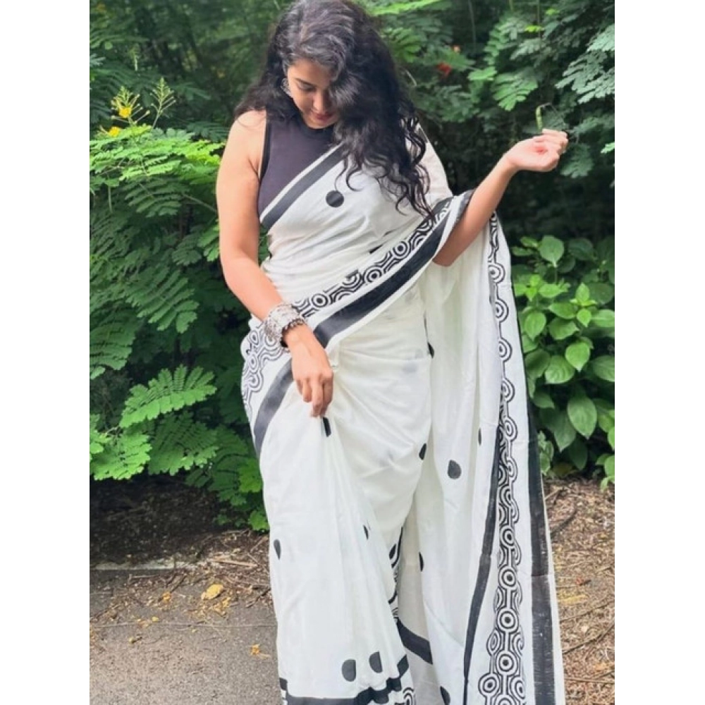Generic Women's Linen Printed Saree With Unstitched Blouse 5.5Mtr (White) - Image 2